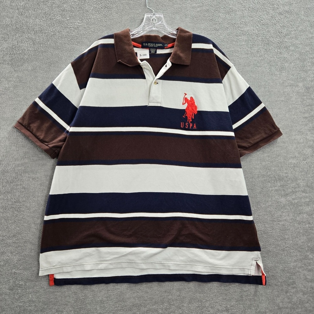 US Polo Assn Men Polo Shirt 2XL Brown Striped Big Pony Logo Embroidered Collar